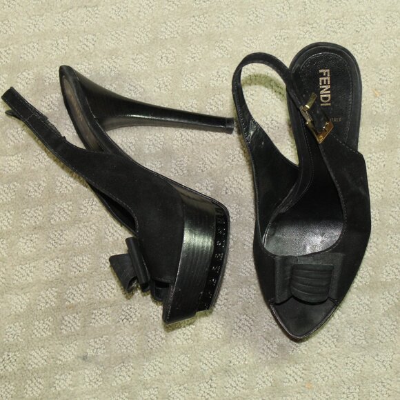 Fendi Black Suede Leather & Ribbon Bow Platform Sling Sandals Size 8 w/ COA - Picture 1 of 7
